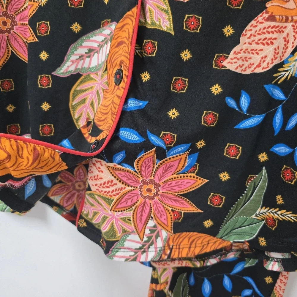 Room Service Tiger Print Pajama Set Black Floral Size S Button Up Cozy Lounge - Picture 4 of 10